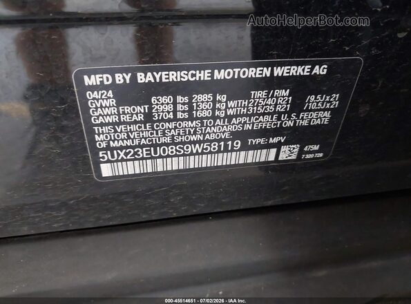 5UX23EU08S9W58119 2025 BMW X5 Black Engine compartment view