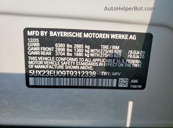 5UX23EU09T9312338 2026 BMW X5 White VIN կոդի պիտակի տեսք