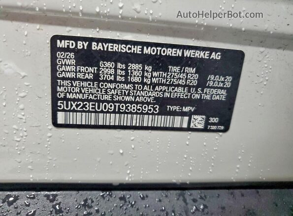 5UX23EU09T9385953 2026 BMW X5 White VIN sticker view
