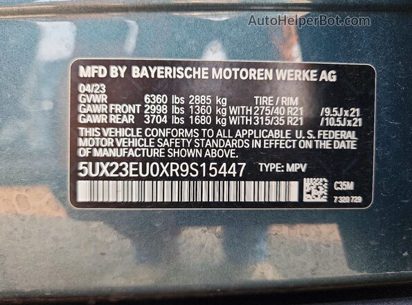 5UX23EU0XR9S15447 2024 BMW X5 Blue Vista interior de 360 grados