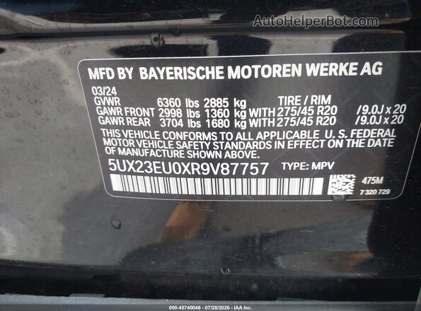 5UX23EU0XR9V87757 2024 BMW X5 Black Вид підкапотного простору