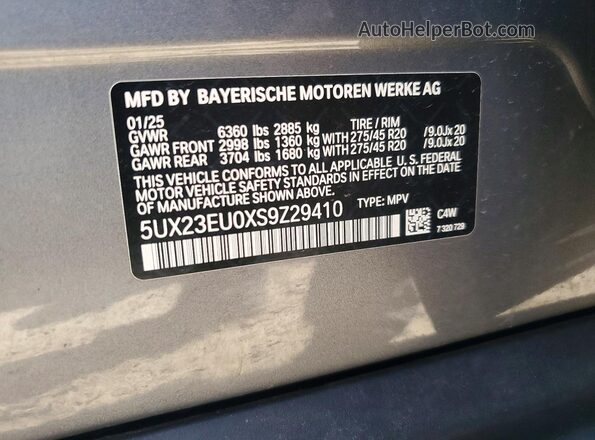 5UX23EU0XS9Z29410 2025 BMW X5 Silver Вид наклейки з VIN-кодом