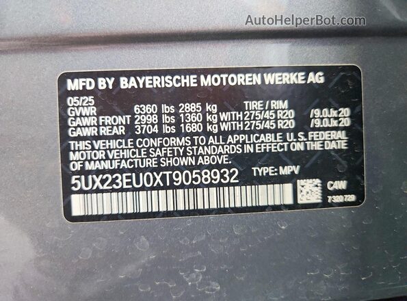 5UX23EU0XT9058932 2026 BMW X5 Серый Вид наклейки с VIN-кодом