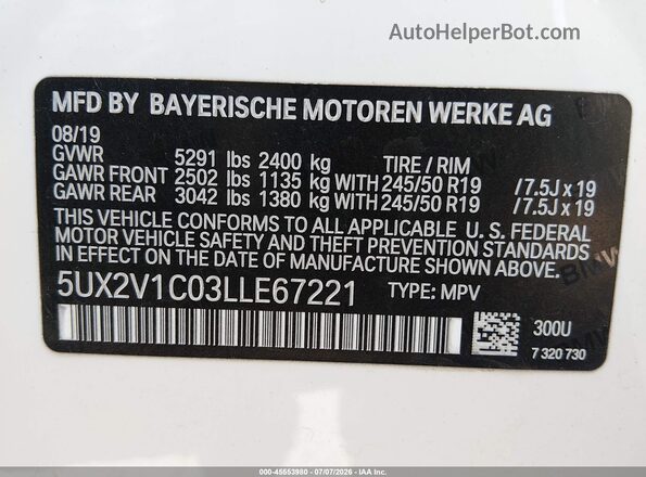 5UX2V1C03LLE67221 2020 BMW X4 White Engine compartment view