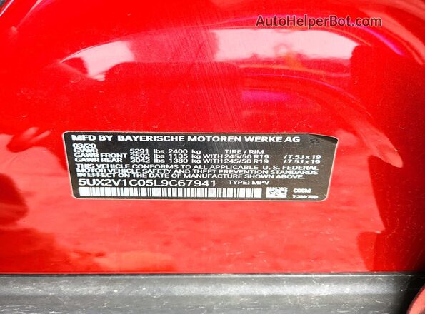 5UX2V1C05L9C67941 2020 BMW X4 Red Սալոնի 360 աստիճան տեսք