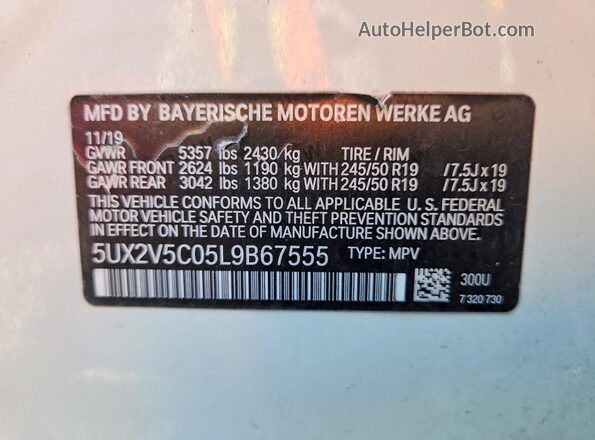 5UX2V5C05L9B67555 2020 BMW X4 White VIN sticker view