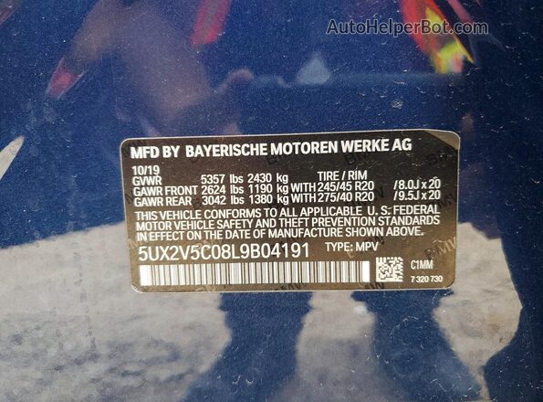5UX2V5C08L9B04191 2020 BMW X4 Blue Widok naklejki z numerem VIN