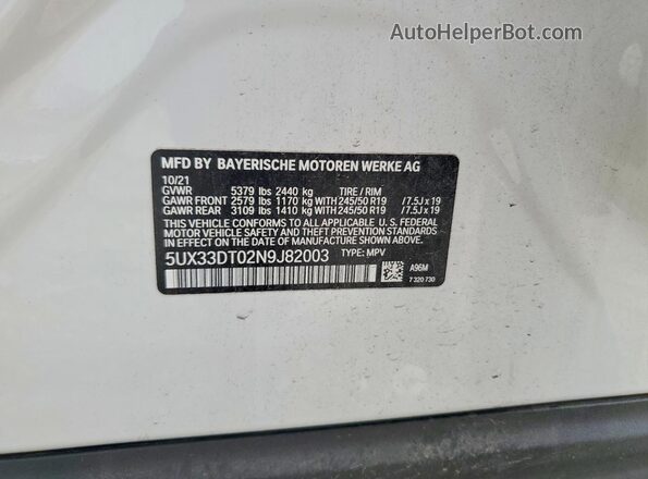 5UX33DT02N9J82003 2022 BMW X4 Белый Вид наклейки с VIN-кодом