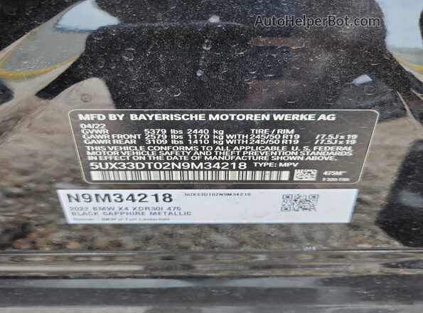 5UX33DT02N9M34218 2022 BMW X4 Black Շարժիչի բաժամունքի տեսք