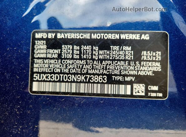 5UX33DT03N9K73863 2022 BMW X4 Blue Widok komory silnika