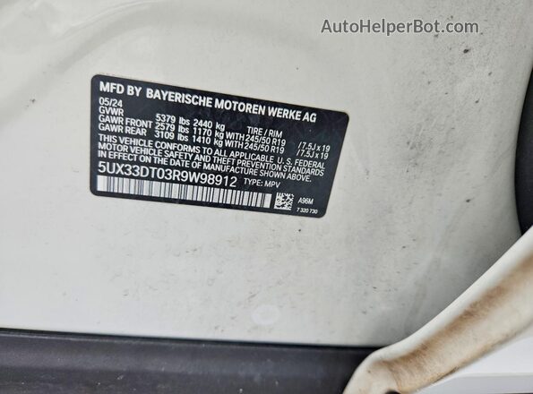 5UX33DT03R9W98912 2024 BMW X4 White VIN sticker view