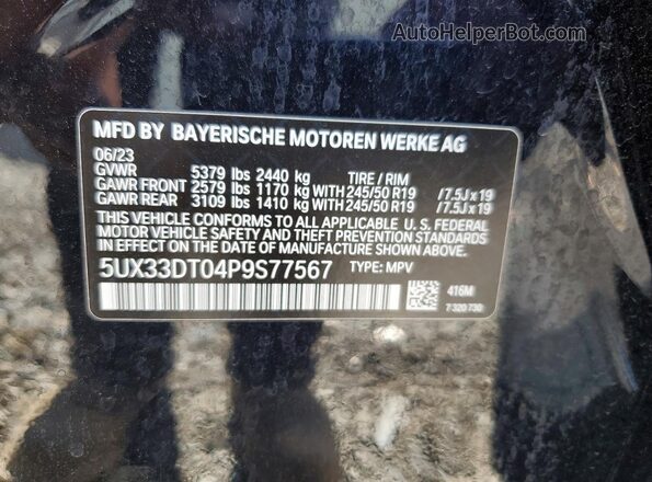 5UX33DT04P9S77567 2023 BMW X4 Blue VIN կոդի պիտակի տեսք