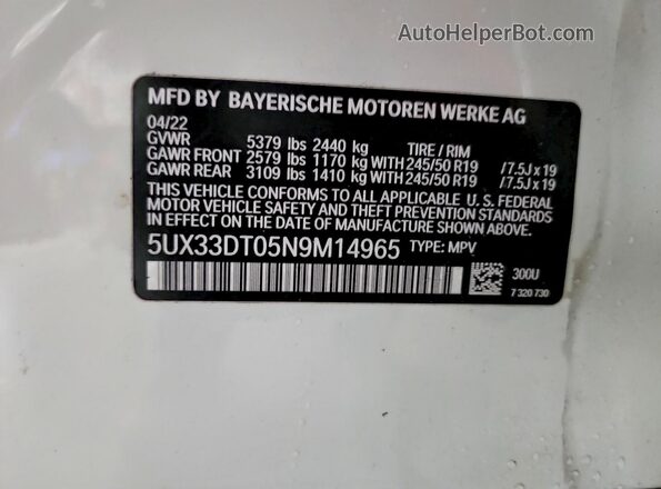 5UX33DT05N9M14965 2022 BMW X4 White Widok naklejki z numerem VIN