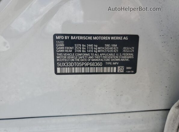 5UX33DT05P9P68360 2023 BMW X4 White VIN sticker view