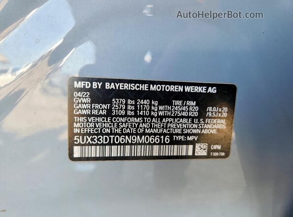 5UX33DT06N9M06616 2022 BMW X4 Gray VIN կոդի պիտակի տեսք