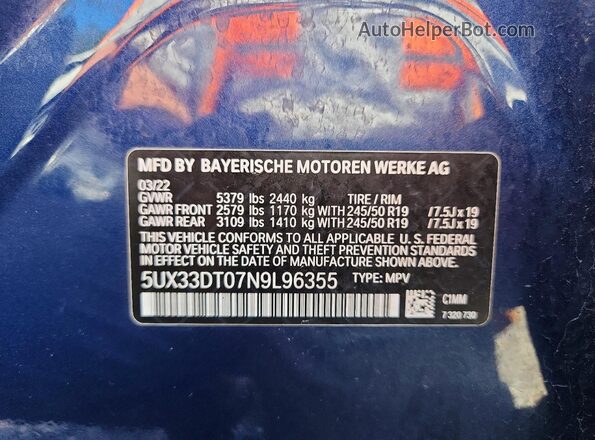 5UX33DT07N9L96355 2022 BMW X4 Синий Вид наклейки с VIN-кодом