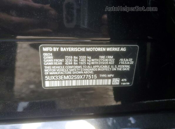 5UX33EM02S9X77515 2025 BMW X7 Black VIN კოდის სტიკერის ხედი