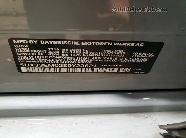 5UX33EM02S9Y23621 2025 BMW X7 Gray Vista de la etiqueta del VIN
