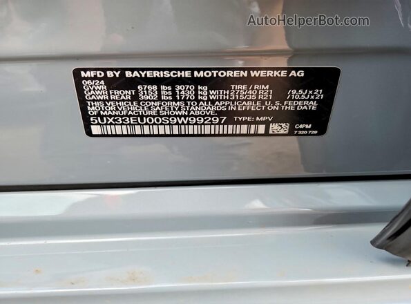 5UX33EU00S9W99297 2025 BMW X5 Silver VIN კოდის სტიკერის ხედი