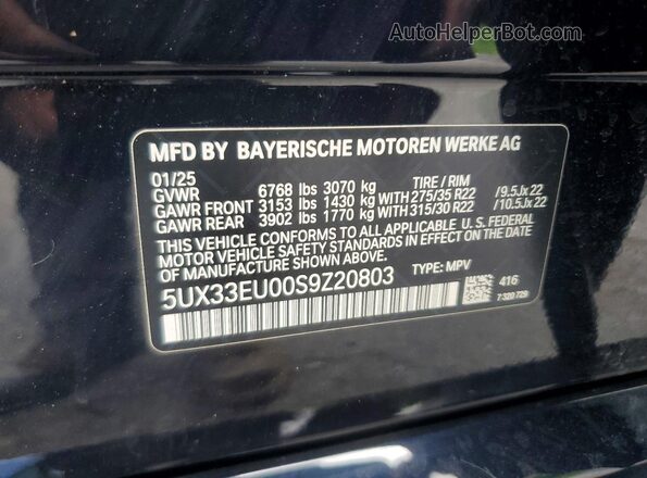 5UX33EU00S9Z20803 2025 BMW X5 Black Widok naklejki z numerem VIN