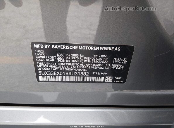 5UX33EX01R9U31882 2024 BMW X6 Gray Vista del compartimento del motor