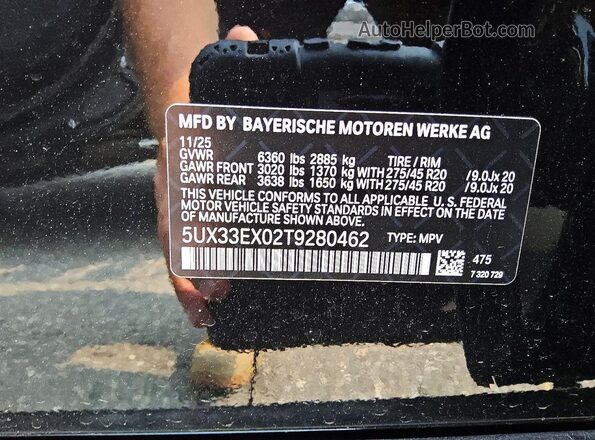 5UX33EX02T9280462 2026 BMW X6 Black Вид наклейки з VIN-кодом