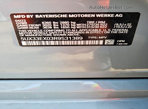 5UX33EX03R9S31389 2024 BMW X6 Gray VIN sticker view