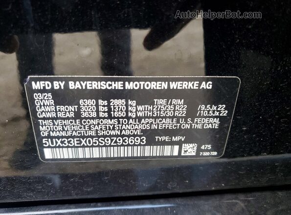 5UX33EX05S9Z93693 2025 BMW X6 Black Widok naklejki z numerem VIN