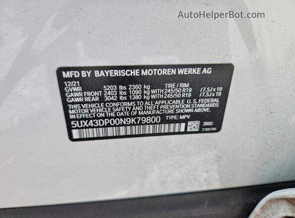 5UX43DP00N9K79800 2022 BMW X3 Белый Панорамный вид салона 360°
