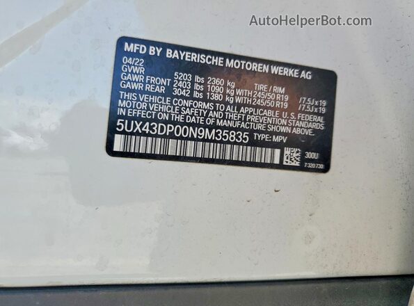 5UX43DP00N9M35835 2022 BMW X3 White Widok naklejki z numerem VIN