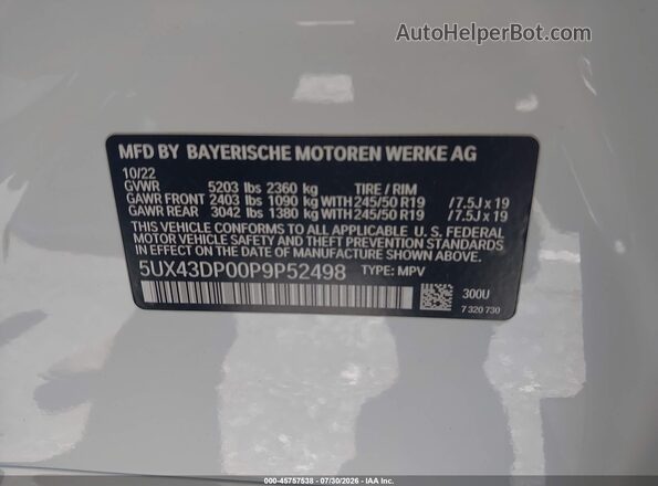 5UX43DP00P9P52498 2023 BMW X3 White Շարժիչի բաժամունքի տեսք