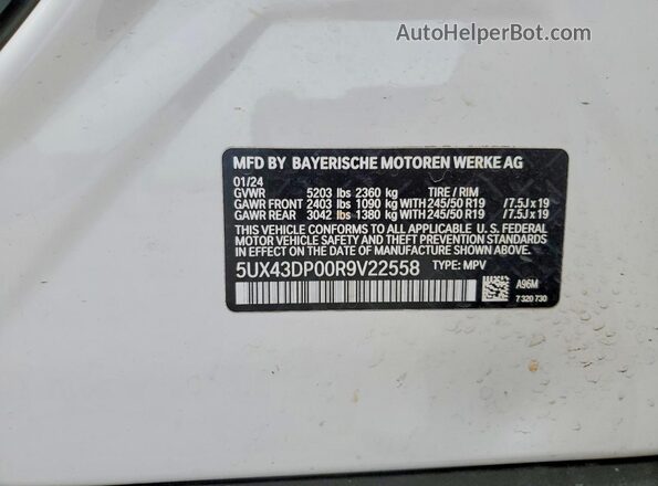 5UX43DP00R9V22558 2024 BMW X3 White VIN կոդի պիտակի տեսք