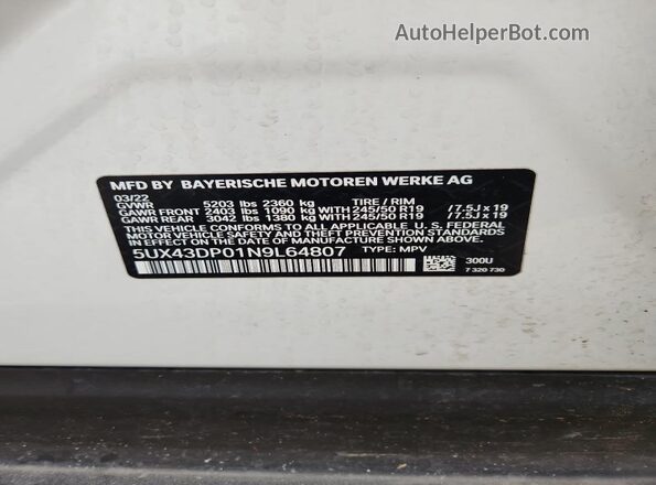 5UX43DP01N9L64807 2022 BMW X3 White Widok naklejki z numerem VIN