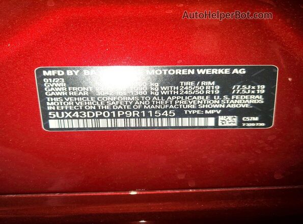 5UX43DP01P9R11545 2023 BMW X3 Burgundy VIN sticker view
