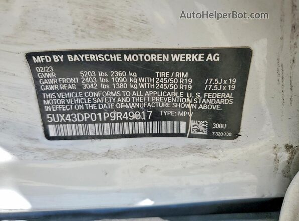 5UX43DP01P9R49017 2023 BMW X3 White VIN կոդի պիտակի տեսք