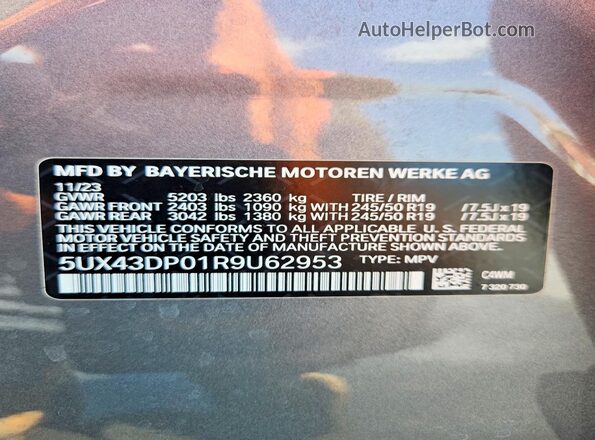 5UX43DP01R9U62953 2024 BMW X3 Серый Вид наклейки с VIN-кодом