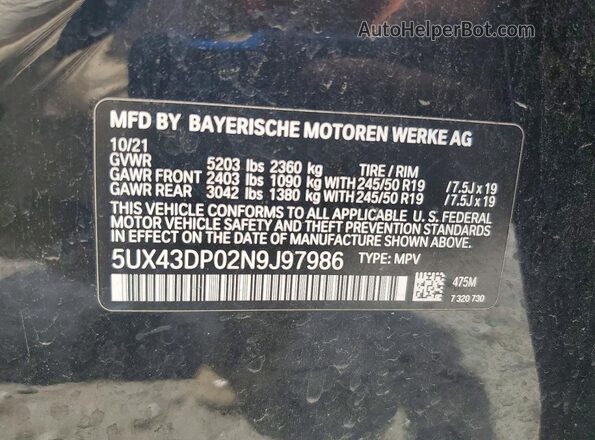 5UX43DP02N9J97986 2022 BMW X3 Черный Панорамный вид салона 360°