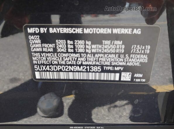 5UX43DP02N9M21385 2022 BMW X3 Black Vista del compartimento del motor