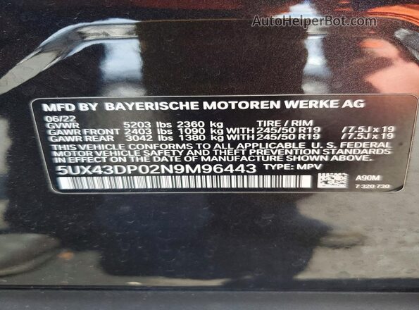 5UX43DP02N9M96443 2022 BMW X3 Gray Widok naklejki z numerem VIN