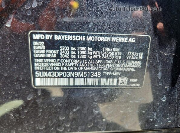 5UX43DP03N9M51348 2022 BMW X3 Black VIN sticker view