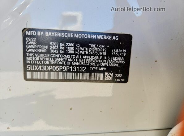 5UX43DP05P9P13132 2023 BMW X3 White Widok naklejki z numerem VIN