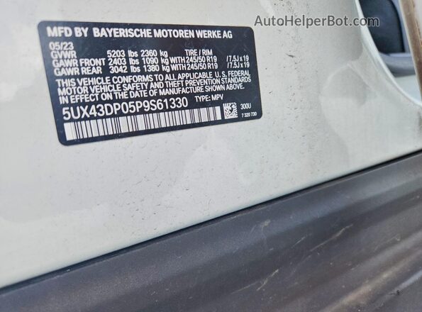 5UX43DP05P9S61330 2023 BMW X3 White VIN sticker view