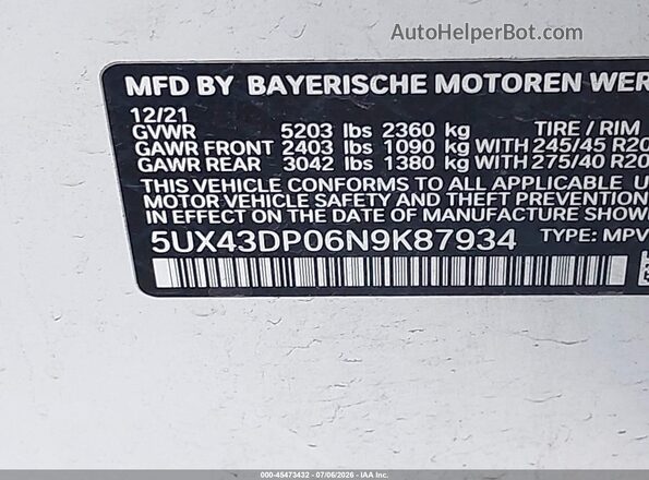 5UX43DP06N9K87934 2022 BMW X3 White Շարժիչի բաժամունքի տեսք