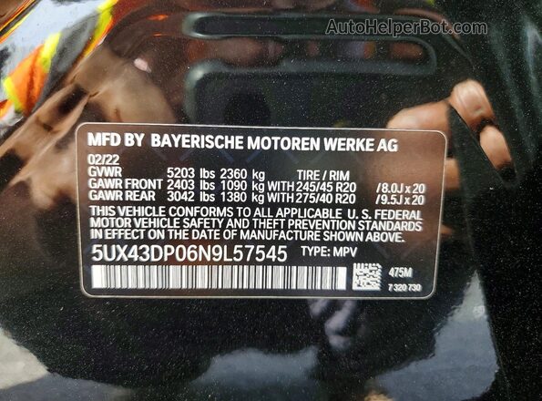5UX43DP06N9L57545 2022 BMW X3 Black Vista de la etiqueta del VIN