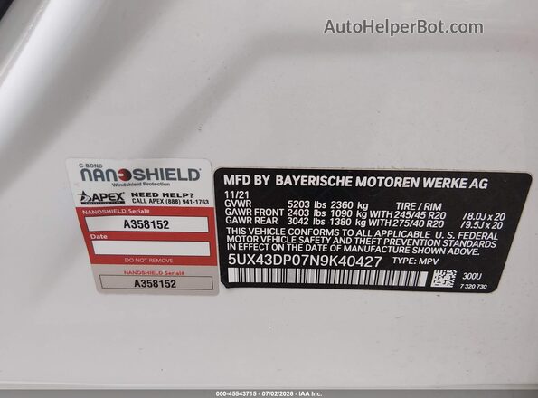 5UX43DP07N9K40427 2022 BMW X3 Белый Вид подкапотного пространства