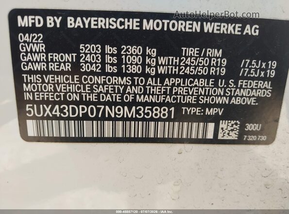 5UX43DP07N9M35881 2022 BMW X3 White Engine compartment view