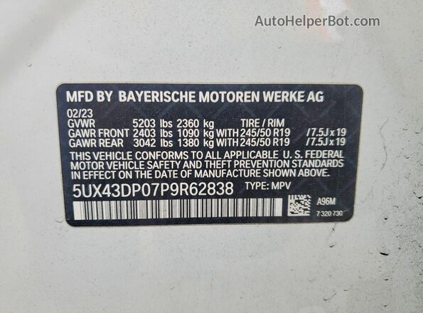 5UX43DP07P9R62838 2023 BMW X3 White Вид наклейки з VIN-кодом