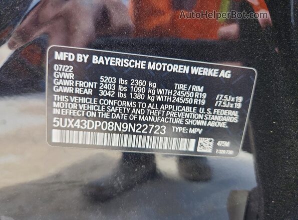 5UX43DP08N9N22723 2022 BMW X3 Black Շարժիչի բաժամունքի տեսք