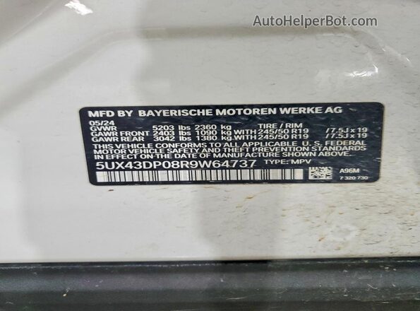 5UX43DP08R9W64737 2024 BMW X3 Белый Панорамный вид салона 360°