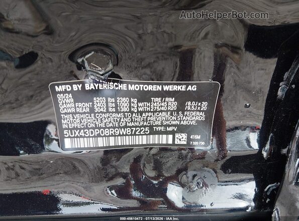 5UX43DP08R9W87225 2024 BMW X3 Blue Vista del compartimento del motor